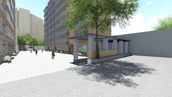 一是广场铺装,包括芝麻面花岗石铺装,色彩穿线,工业元素图案铺装镶嵌